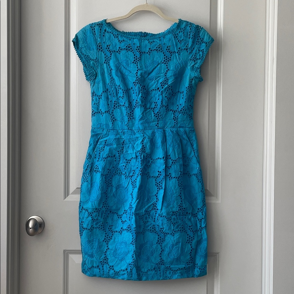 Nanette Lepore Cap Sleeve Floral Eyelet Dress Aqua Sz 2